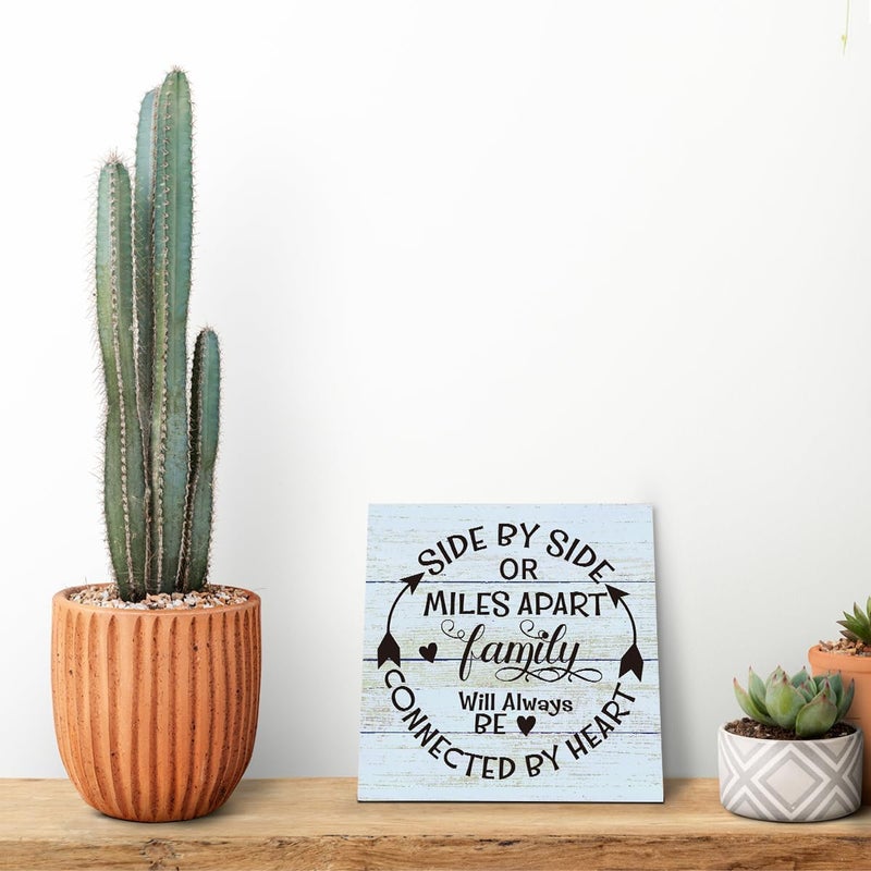 SUSZDOU Family Sign, “Side by Side or Miles Apart, Family Will Always Be Connected by Heart”, Wooden Plaque Table Art Sign 6.2x6.2 Inch, Farmhouse Room Decor, Long Distance Gift for Loved Ones F - Image 5